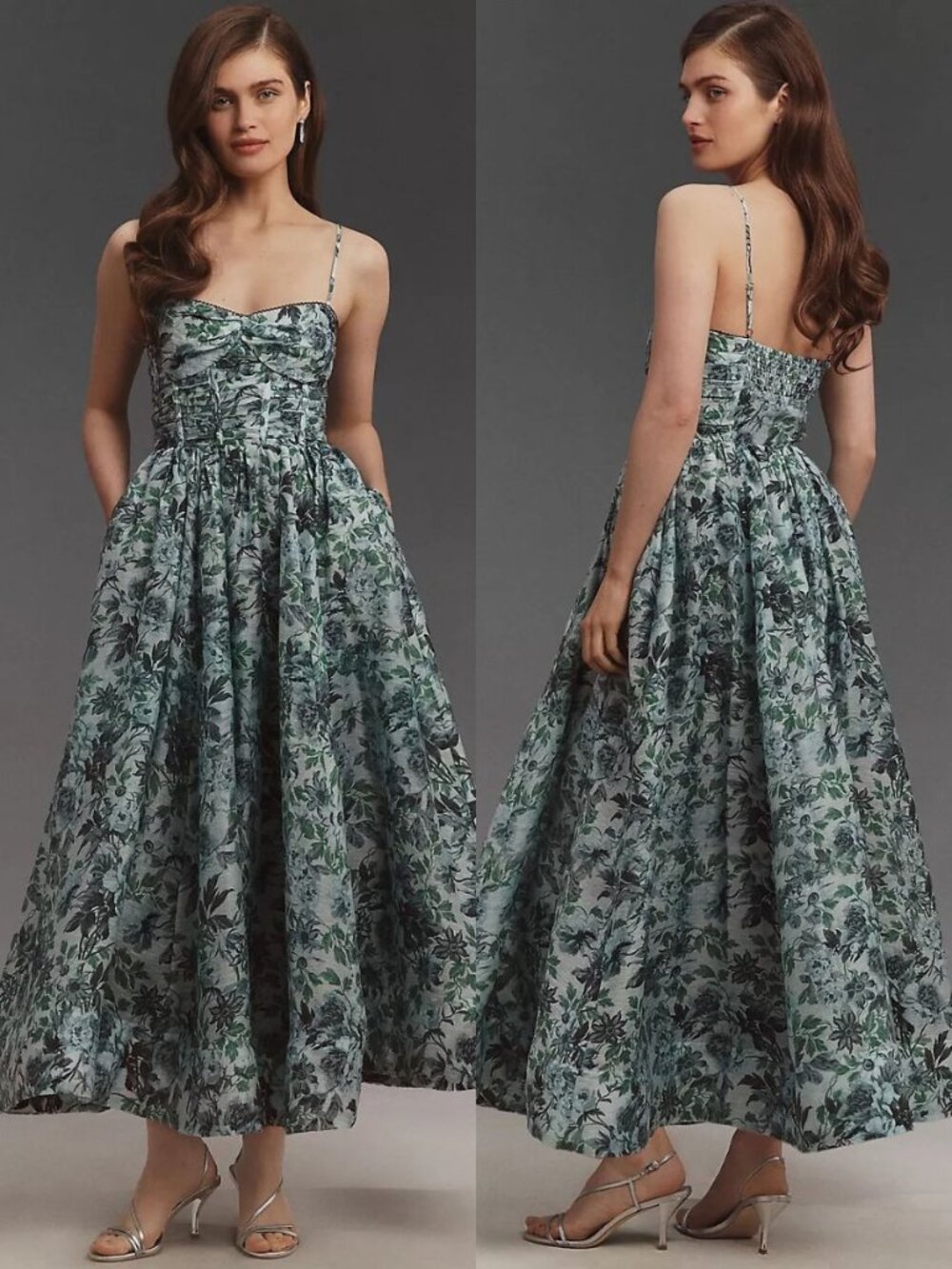 BHLDN Floral Bustier Midi Dress Blue Green Fit & Flare Sweetheart Size 6